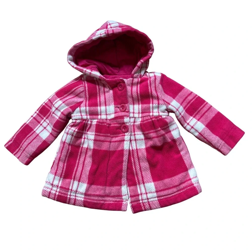 Old Navy Fleece Hooded‎ Coat Baby Girls Pink Plaid Excellent SIZE 18-24 Months